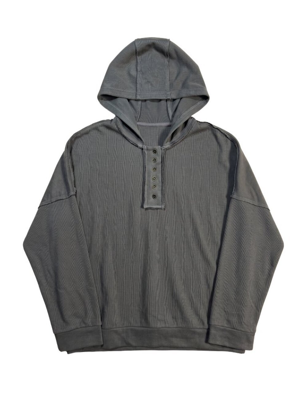 NWT | Charcoal Gray Ribbed Button Henley Hoodie Raw Edge Long Sleeve | Small